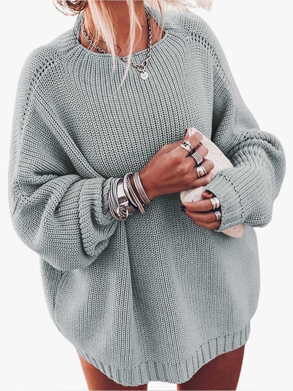 Relaxed Light Gray Ribbed Crewneck Sweater